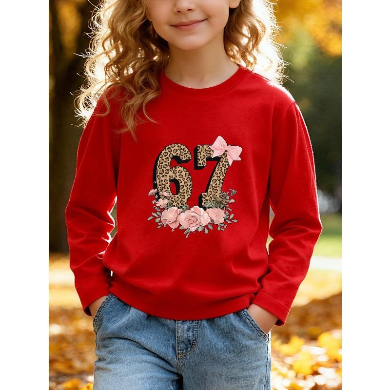 Kids Unisex Red Crewneck Sweatshirt, Leopard Print 67 Pink Bow Floral Rose Graphic Long Sleeve Pullover, Soft Sweatshirts for Boys Girls Ages 4+