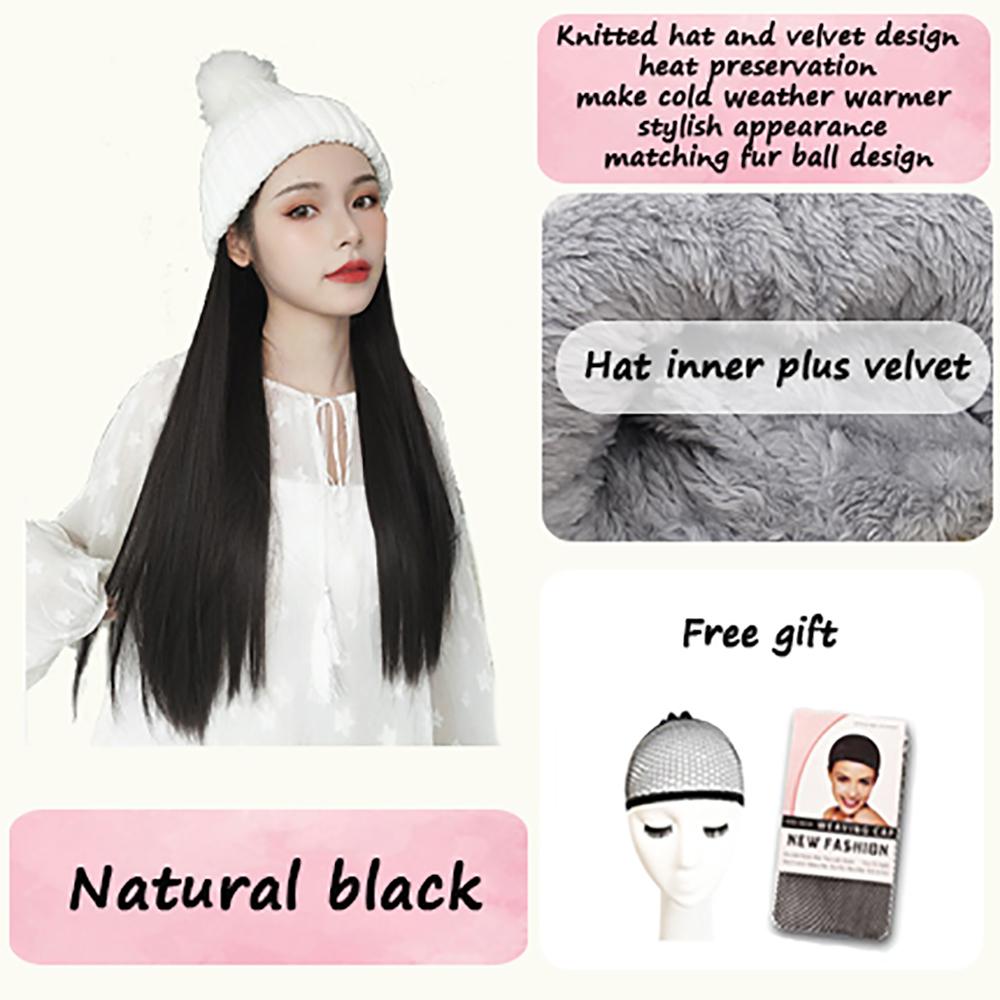 Women's Winter Wig Hat Knitted Hat Long Wave Straight Hair Synthetic Hat Wig