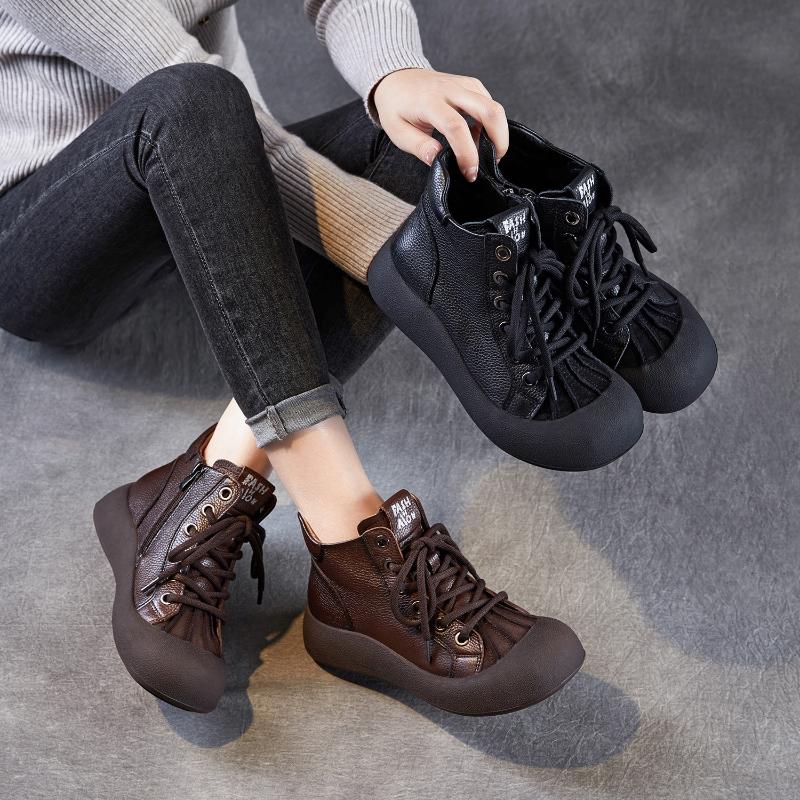 Fashion 2025 Autumn and Winter New 4cm Handmade Genuine Leather Women's Shoes Retro Flat Versatile Soft Cowhide Lace Up Short Boots
