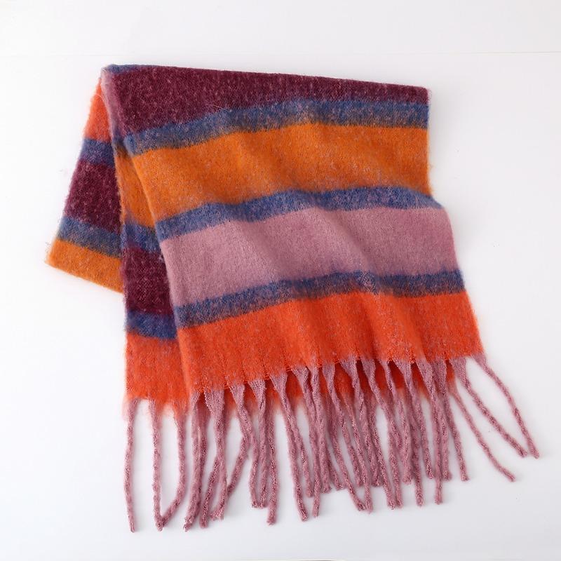 Striped scarf women's autumn and winter mohair color warm versatile shawl atmosphere scarf trendy fashion