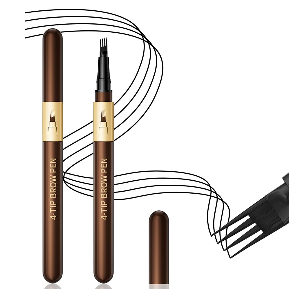 2Pcs 4-Tip Microblading Liquid Eyebrow Pen, Creates Natural Hair-Like Strokes, Waterproof Long-Lasting Smudge-Proof Brow Pen, Light Brown Eyebrow чёрный