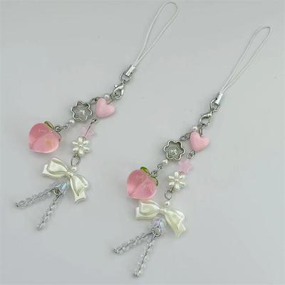 Pembe Kawaii Y2K Şeftali Telefon Takıları Kolye Sevimli Fiyonk Boncuk El Yapımı Tatlı Kız Anahtarlık iPhone Kamera İçin Yeni Zincir Aşk Kalp