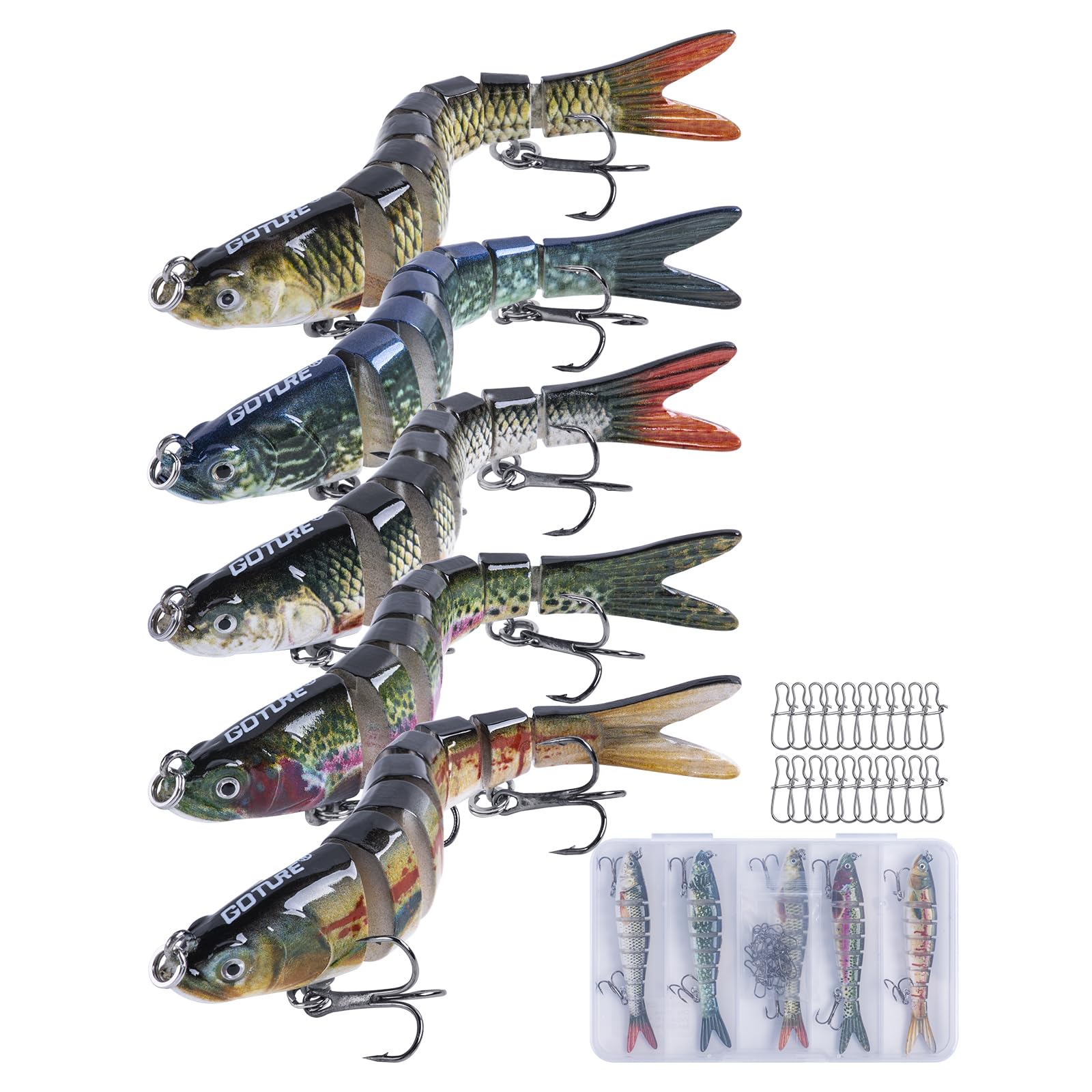 

Goture Jointed Slow Set of Realistic Triple 20 for Saltwater and Freshwater Sea and Bluefish Lures, Sinking, 5, 11g, 8-Joint Design, Hooks, Snaps,