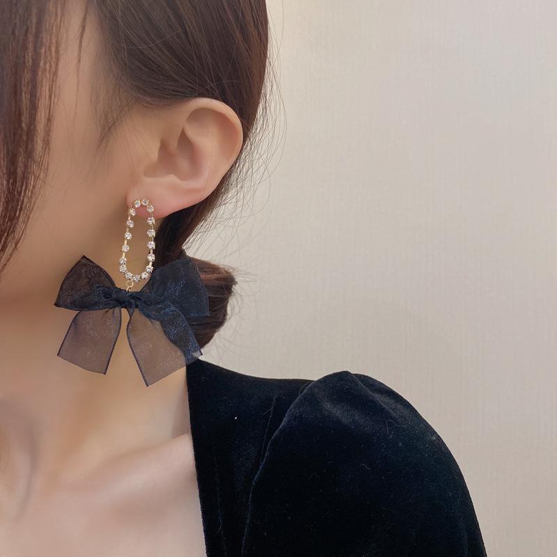 Retro Black Mesh Bow Earrings S Silver Needle Niche Personality Earrings Femininity Trend Earrings