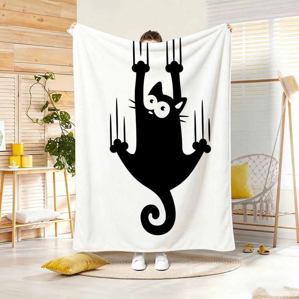 Artistic Pattern G-Goofy Black Cat Clawing Throw Lightweight 240g Flannel Blanket Soft Skin-friendly for Summer Cooling