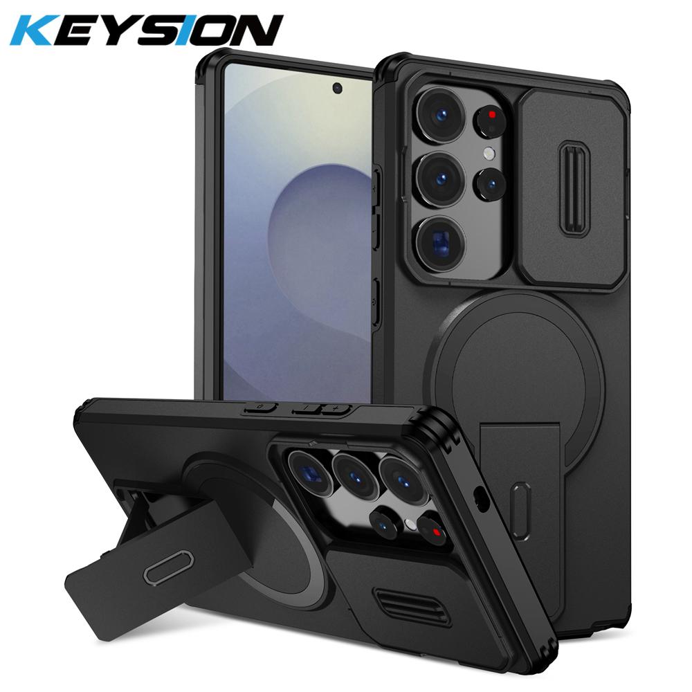 KEYSION Shockproof Magnetic Case for Samsung Galaxy S24 S25 Ultra S25+ S24 FE Slide Camera Protect Kickstand Wireless Charging Phone Cover