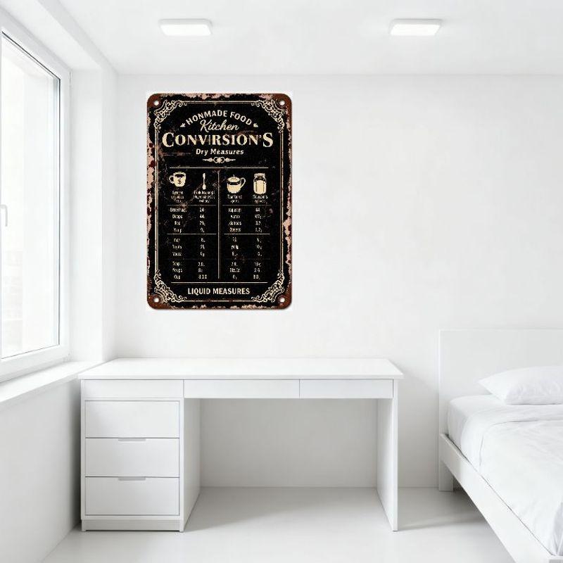 Vintage Hemgjord Mat Kök Omvandling Metallplåtskylt, Torr & Flytande Mått med Gram/Teskedar Ikoner, Rustik Retro Dekor för