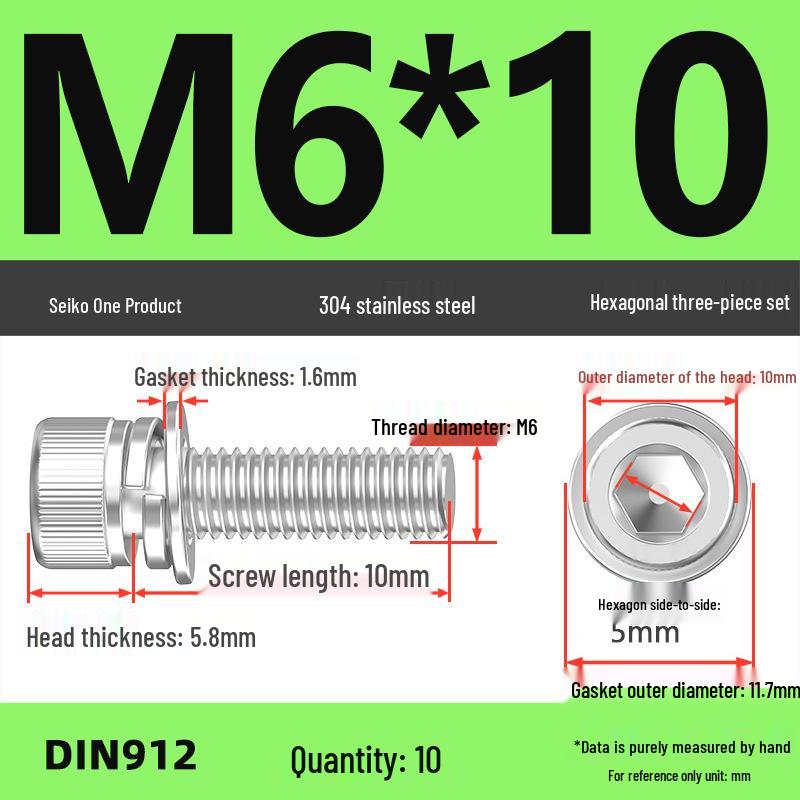 304 Stainless Steel Hex Socket Cap Screw with Washer - Sizes M3, M4, M5, M6, M8, M12
