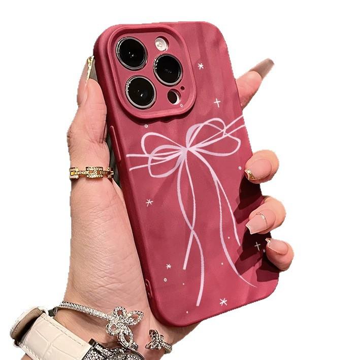 Ins Fan with Bow, Suitable for Apple iPhone16/17Pro Mobile Phone Case 15 Matte 14/13 Fold Pattern