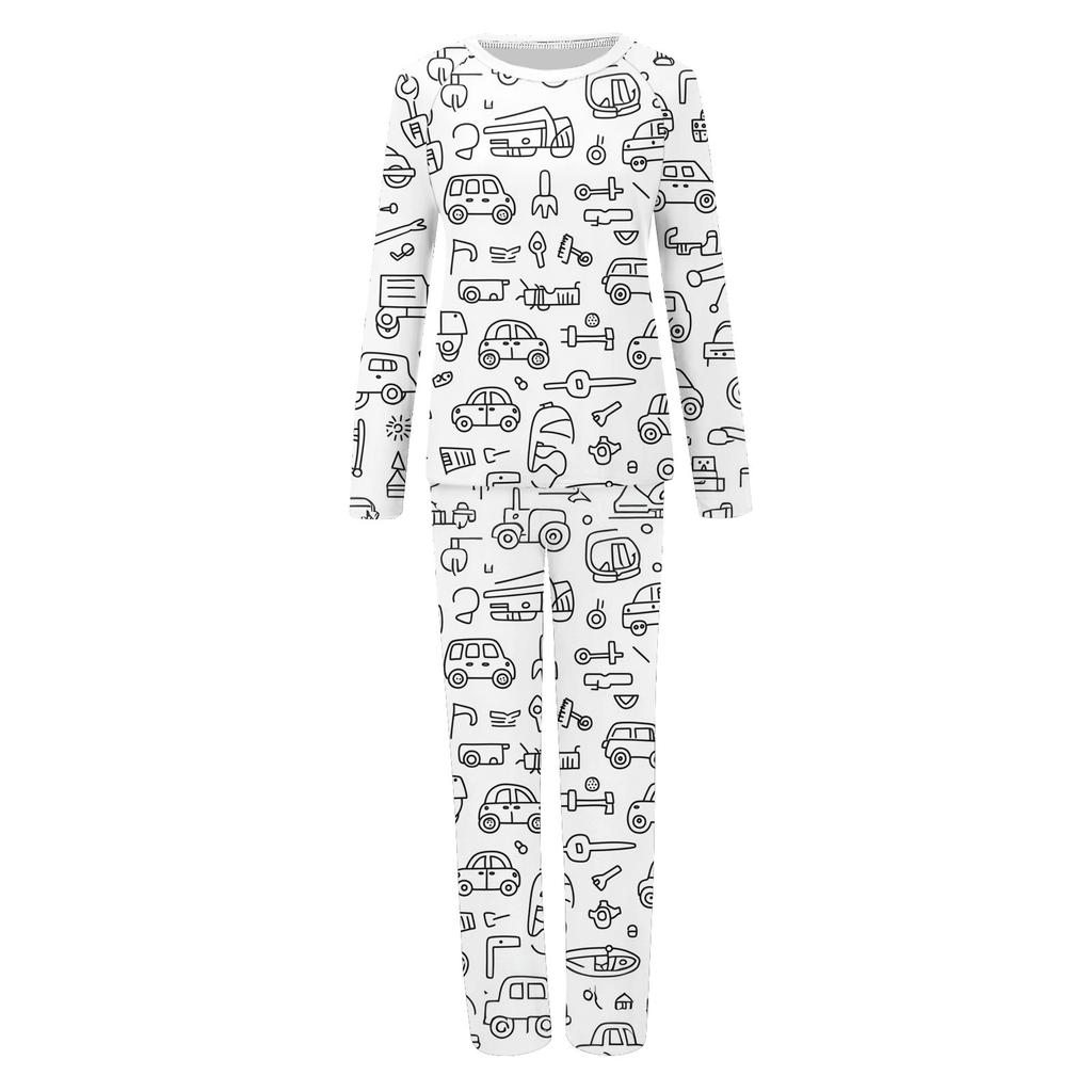 DIY handbemaltes, ausmalbares Eltern-Kind-Outfit – bedruckter Rundhalsausschnitt, lange Ärmel, lange Hosen, Heimkleidung, Anzug, Frühling