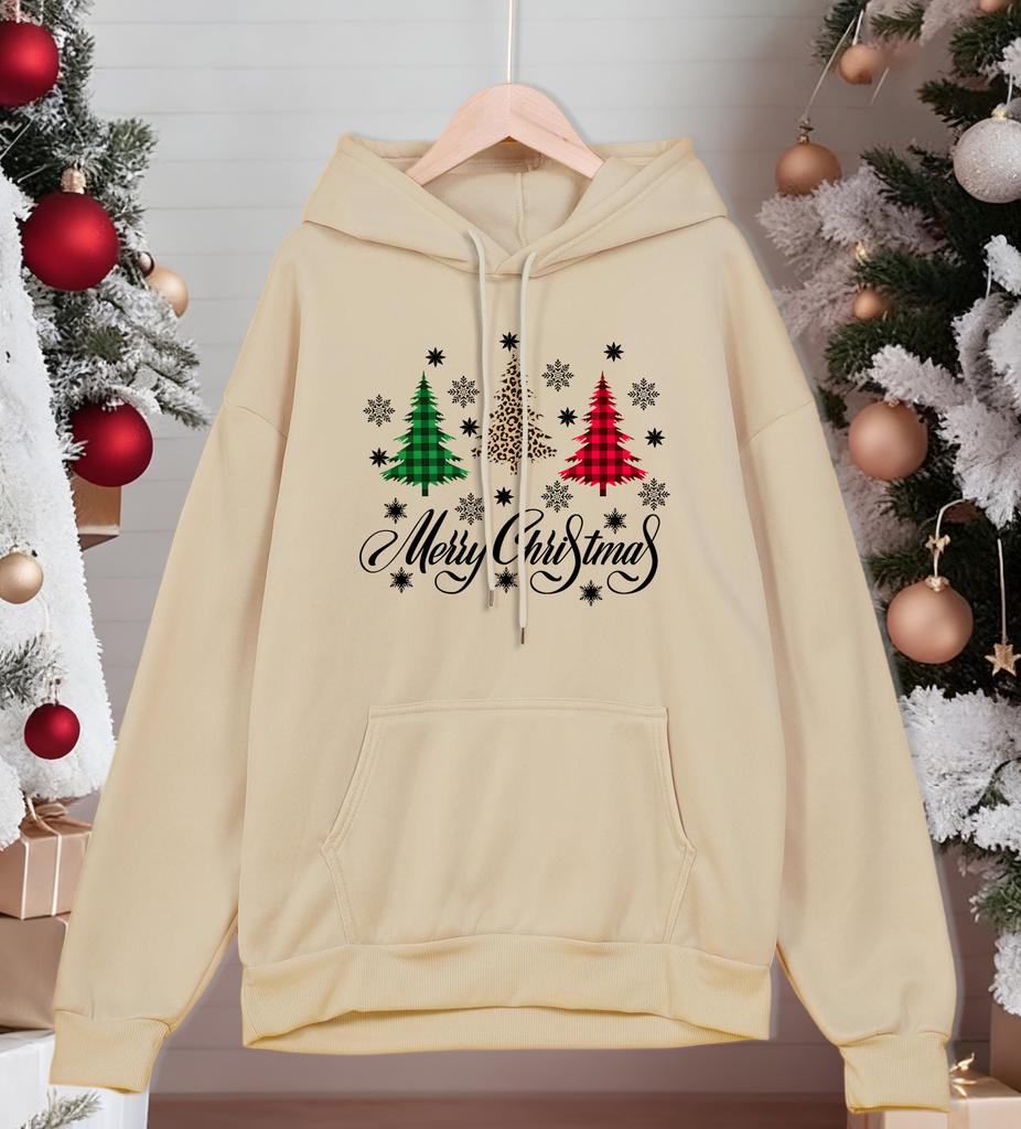 Merry Christmas Plaid Trees Print Men Hoodies Autumn Street Pullover All-Match Casual Hoody Unisex Fleece Oversized Sportswear