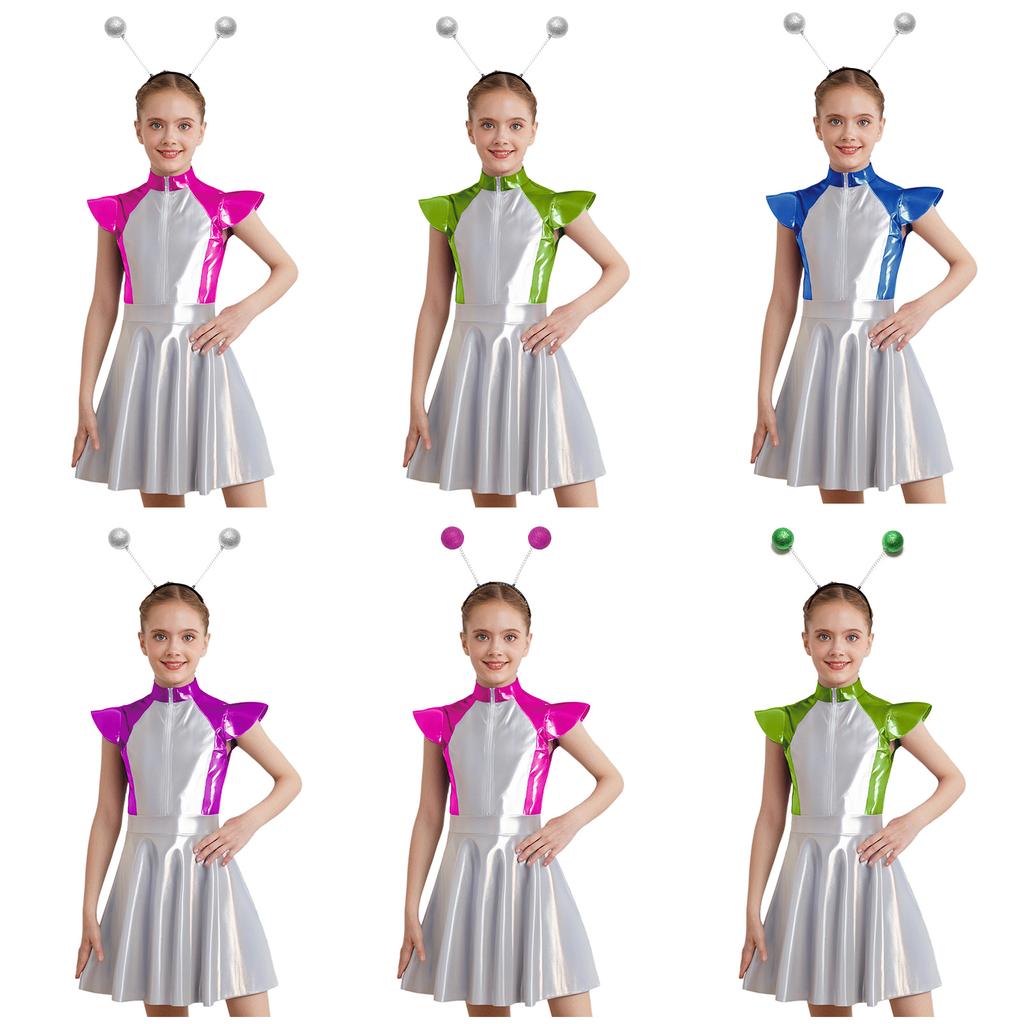 Set Costume da Aliena per Bambina Maniche Corte Design a Vita Alta Vestito a Linea A Outfit da Carina dello Spazio Calottina Inclusa