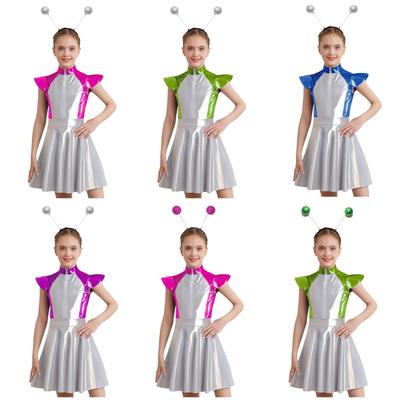 Girls Alien Costume Set Cap Sleeves High Waist Design A-Line Dress Outer Space Cutie Outfit Hair Hoop Included