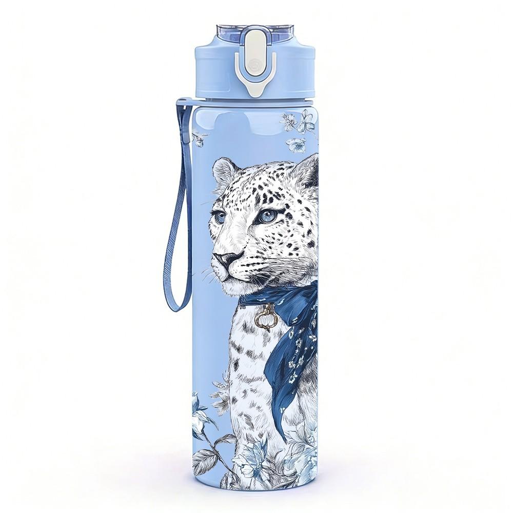 1PC Snow Leopard Realistic Wild Animal Portrait 750ml Color Plastic Sports Water Bottle Leakproof Flip Straw Lid Suitable for Sports Office Home Use