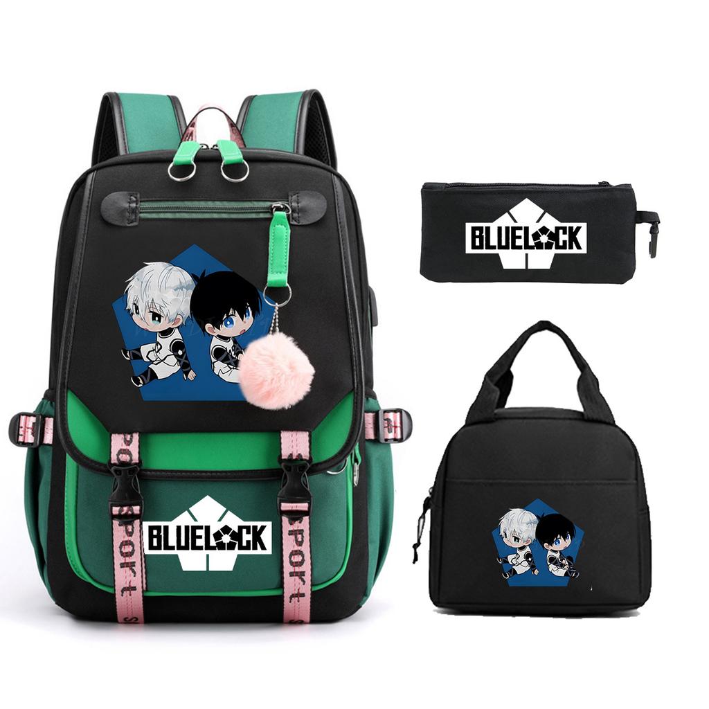 Blue Prison Student School Bag Children'S Meal Bag Casual Pencil Bag Three-Piece Set
