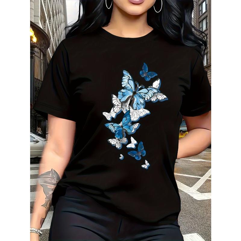 And White Butterfly Print Fashion Breathable T-Shirt for Family Travel, Campus, Casual S, Daily Commute, Sister Outfits,