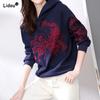 Autumn Winter Pullovers Embroidery Nylon Cotton Women's Clothing Printing Thick Casual Slight Strech Hooded Loose Sweatshirts