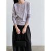 Womens Classic Round Neck Regular Fit Long Sleeve Tee With Floral Appliqu - Cotton 97% Spandex 3% Casual Korean Style