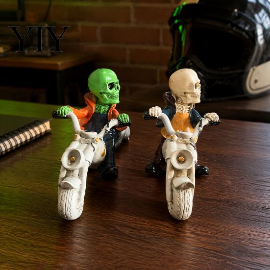 Motorcycle Skull Ornament Halloween Skeleton Riding Figurine, Gothic Spooky Statue for Home Gifts Collectors Garden, Resin Biker Decor Desk