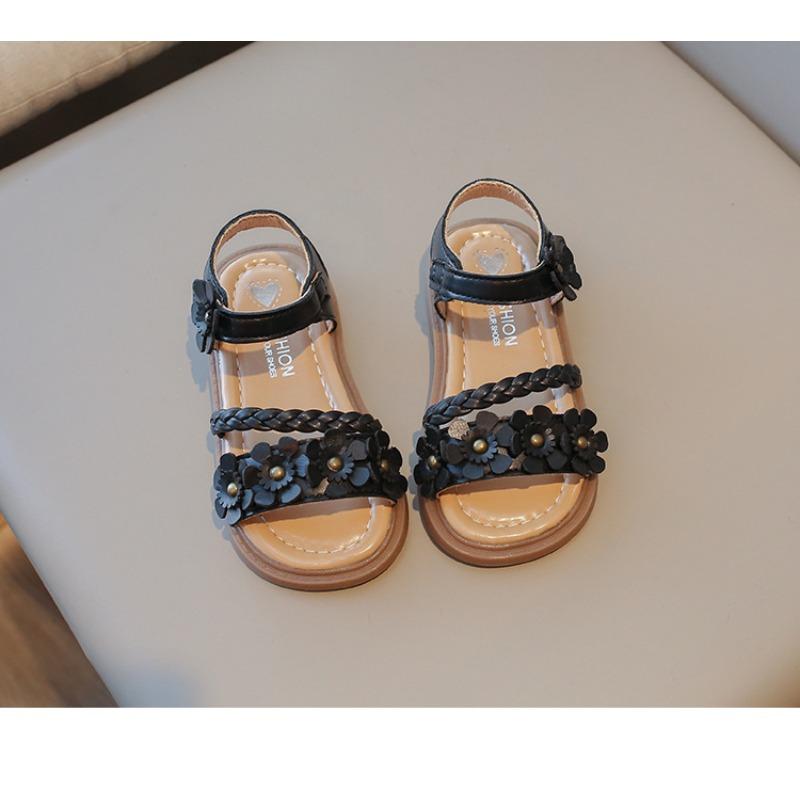 New Summer Woven Girls Sandals, Floral Princess Shoes, Soft Sole Beach Sandals for School-age Girls