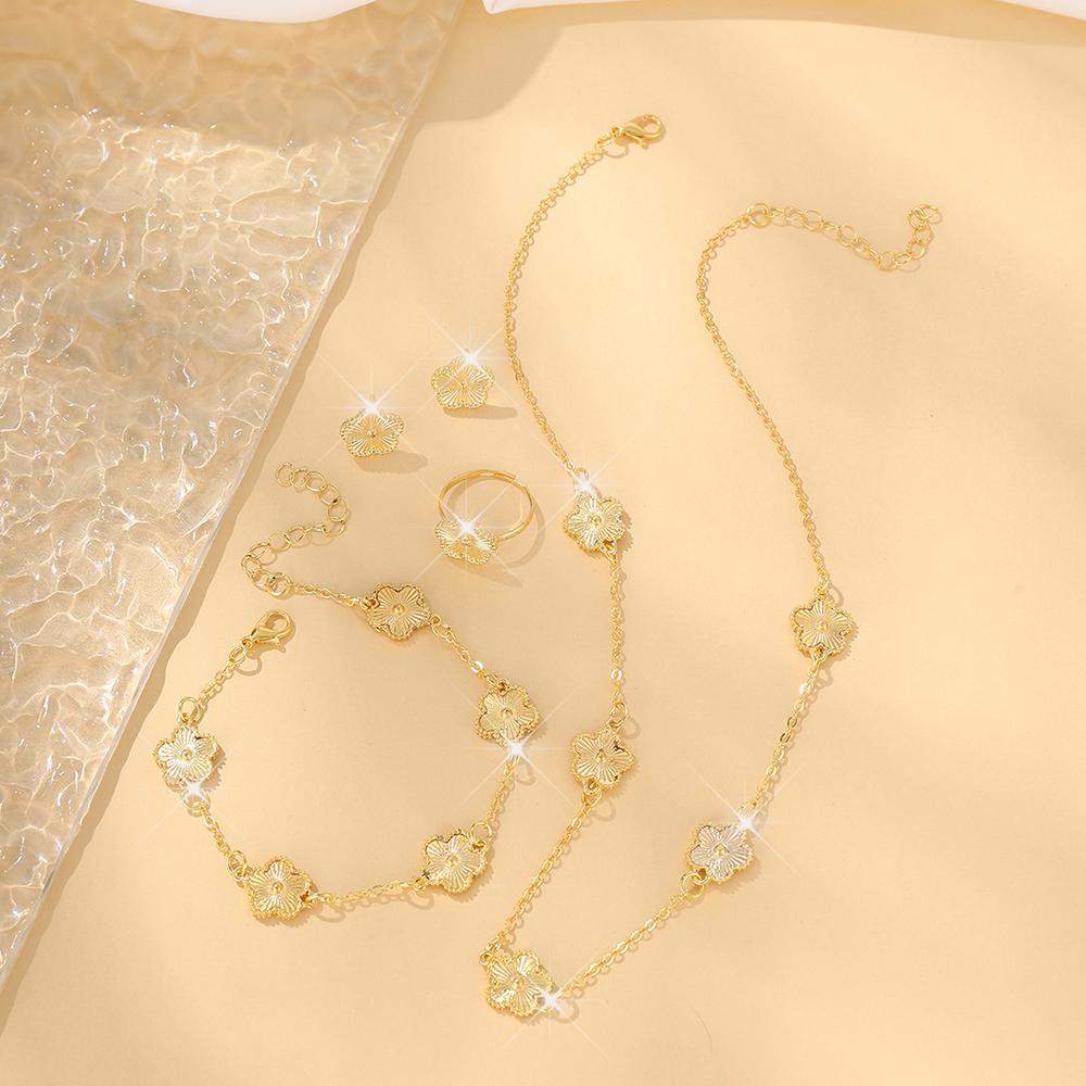5-piece Fashionable and Elegant Gold Floral Decoration Zircon Earrings Necklace Bracelet Ring Combination