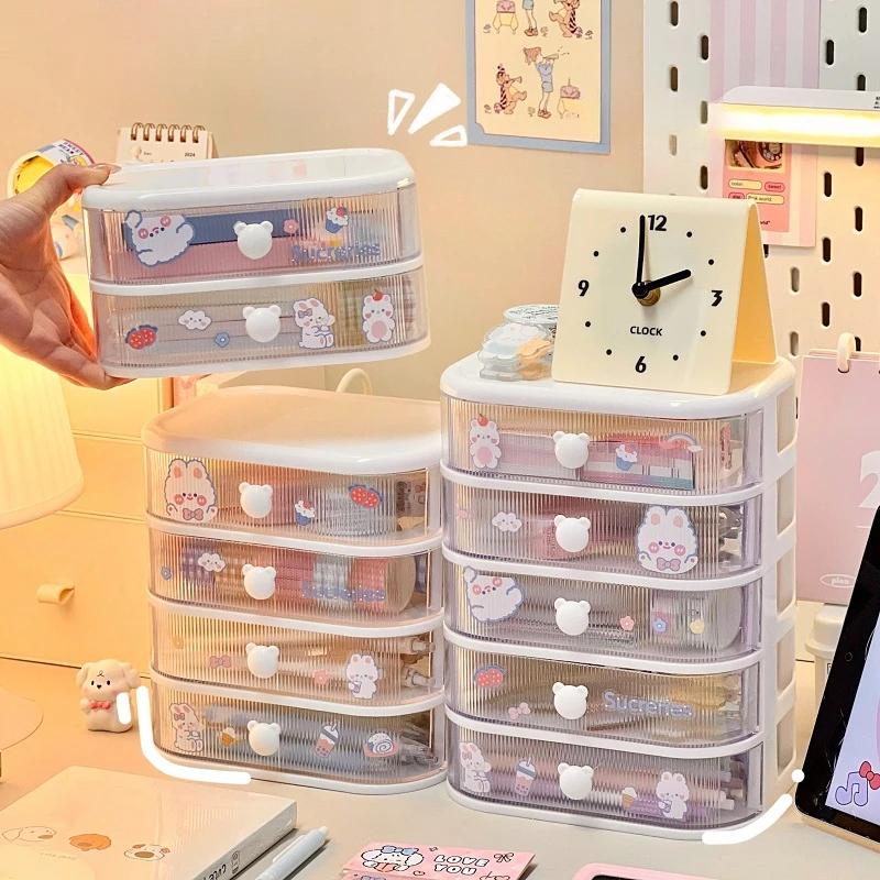 Desktop Storage Box Student Stationery Desk Multi-layer Organizer Clear Drawer with Cute Stickers Accessories Organizer Rack