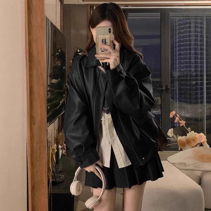 Skórzana Kurtka Motocyklowa Damska Nowa Wiosna Jesień Amerykański Retro Wiatroszczelna Kurtka PU Modne Płaszcze