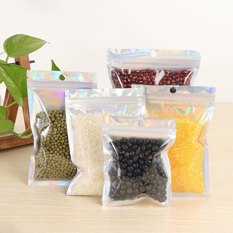 10Pcs Iridescent Zip Lock Pouches Cosmetic Plastic Laser Holographic Zipper Bags