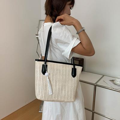 Stroh große Kapazität Mode Spleißtrend Frühling Textur Damen lässige Tragetasche tragbar Schulter Achseltasche