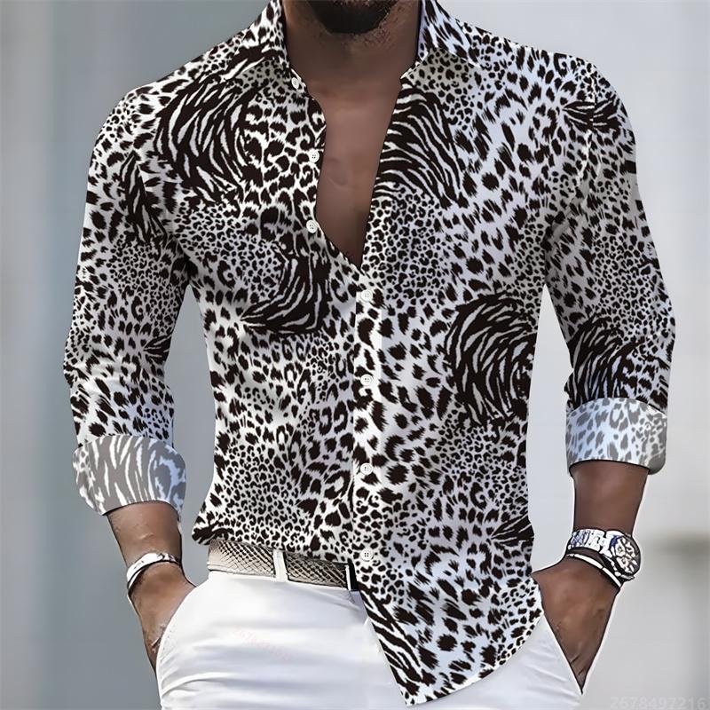 Men's Leopard Print Shirt Long Sleeve 3D Animal Pattern Button Down Spring Autumn Streetwear Tops