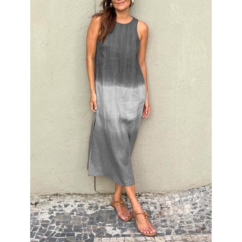 Women's Summer Casual Cotton Linen Sleeveless Slit Gradient Dress