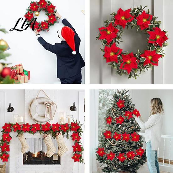 Warm White Christmas Decor Poinsettia String Lights, 200/300cm Red Green Floral Garland, Battery/USB Gift for Home Operated Indoor Outdoor Fairy Light