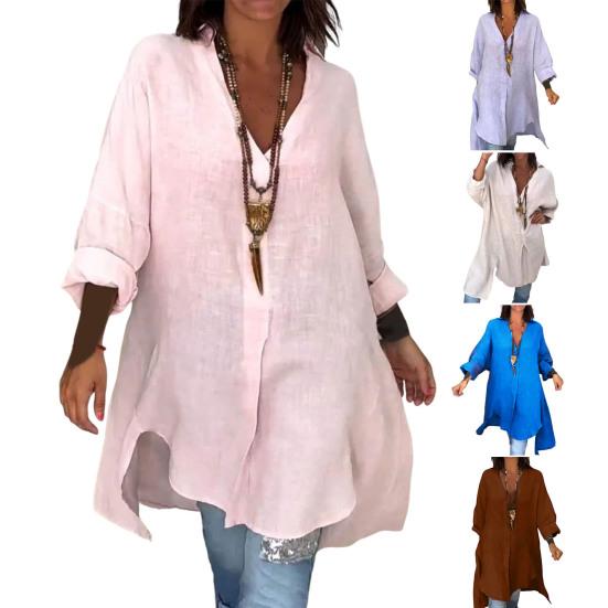 Women Shirt V-Neck Long Sleeve Side Split Hem Pullover Tops Solid Color Loose Fit Summer Shirt Daily Wear