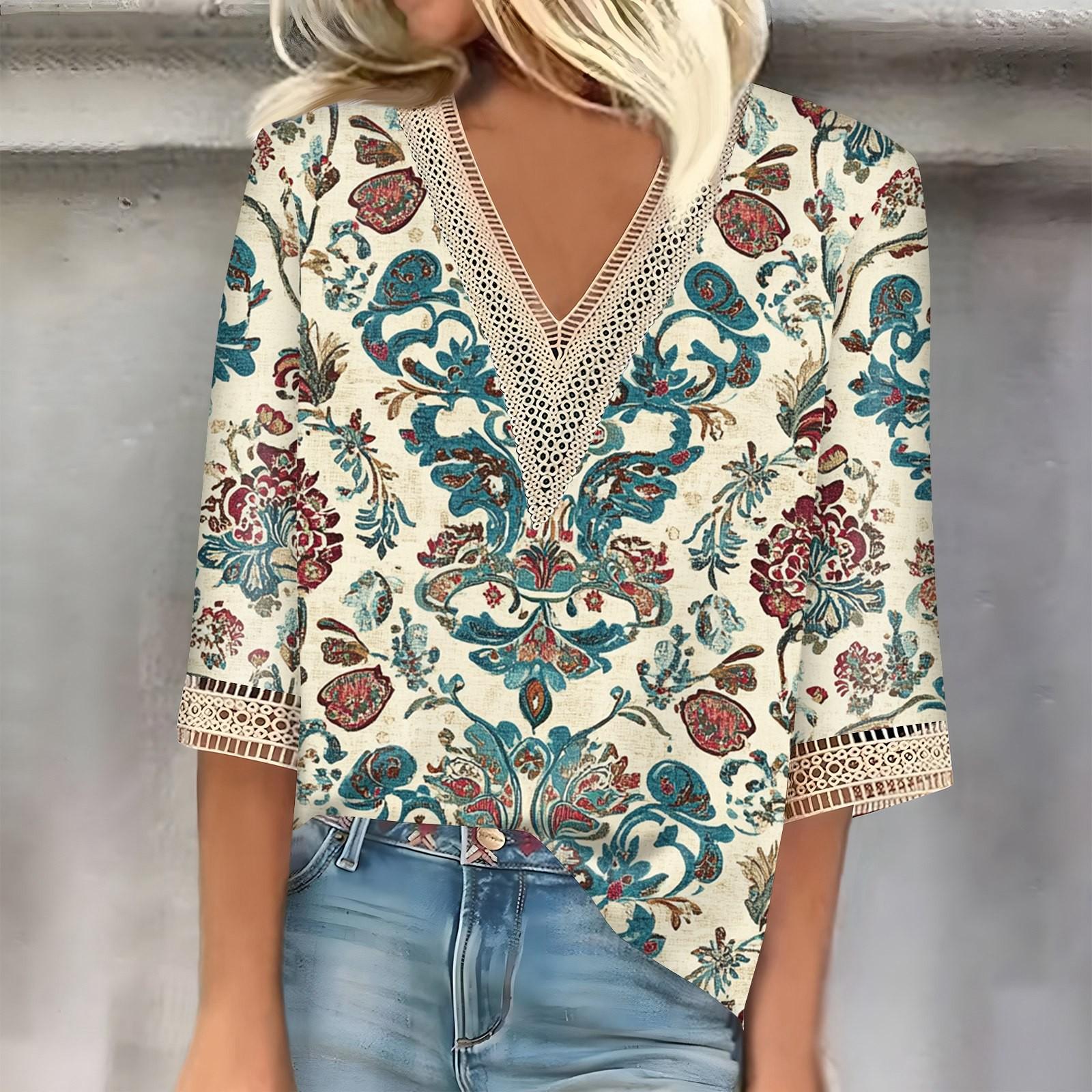 

Женский кружевной топ с винтажным принтом и рукавами три четверти XL белый