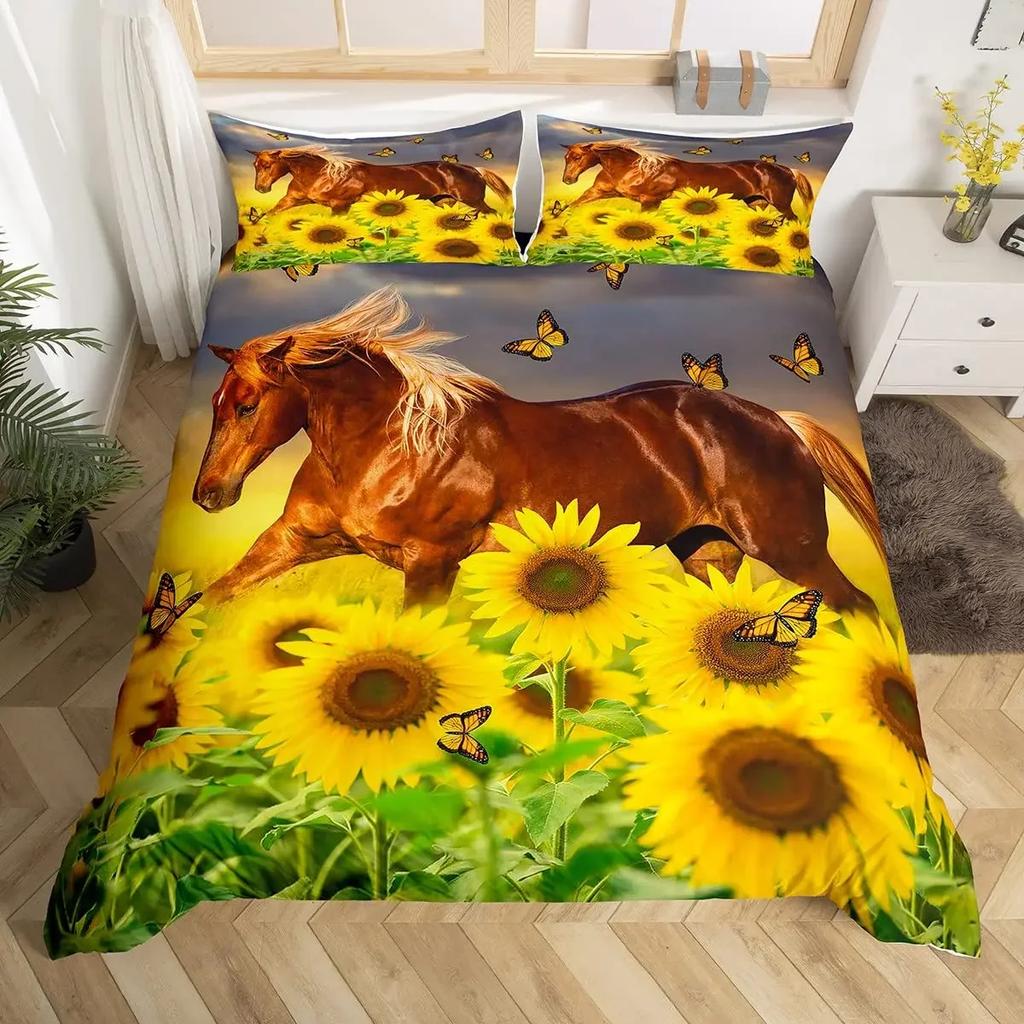 3D Horse Duvet Cover King Queen Size Yellow Sunflower Bedding Set Floral Animal Theme Quilt Cover Wildlife Soft Comforter Cover