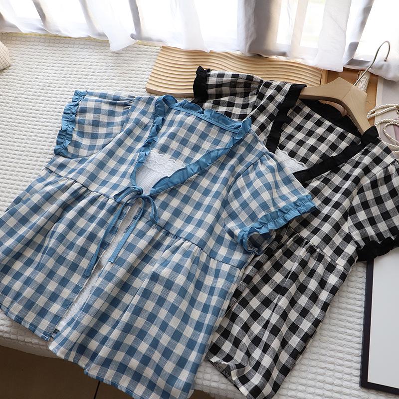 

[Bi Zheng] 2025 Summer Korean Style Ruffle V-Neck Plaid Tie-Up Short Sleeve Two-Piece Look Shirt 4183 One Size