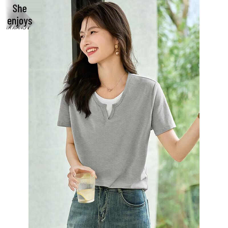 She Enjoy Women s V-Neck Color-block Fake Two-Piece T-Shirt M