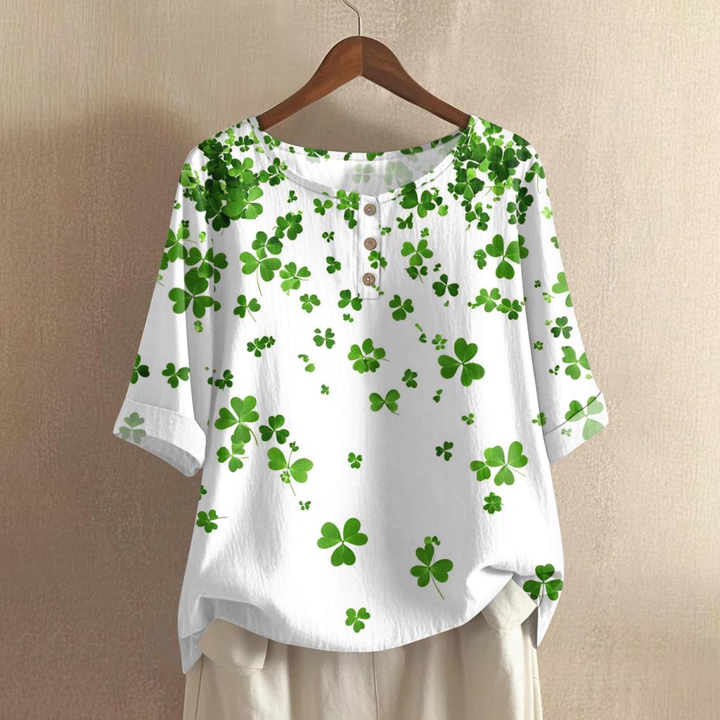 Women's Fashionable And Casual Shirt 3/4 Sleeve Round Neck Print Blouse Top