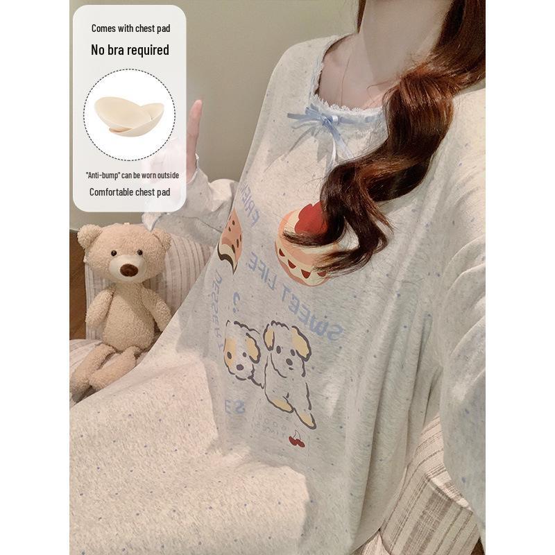 Spring & Autumn Maternity Slimming Long Sleeve Round Neck Princess Nightdress with Breast Pads, Wearable Outdoors