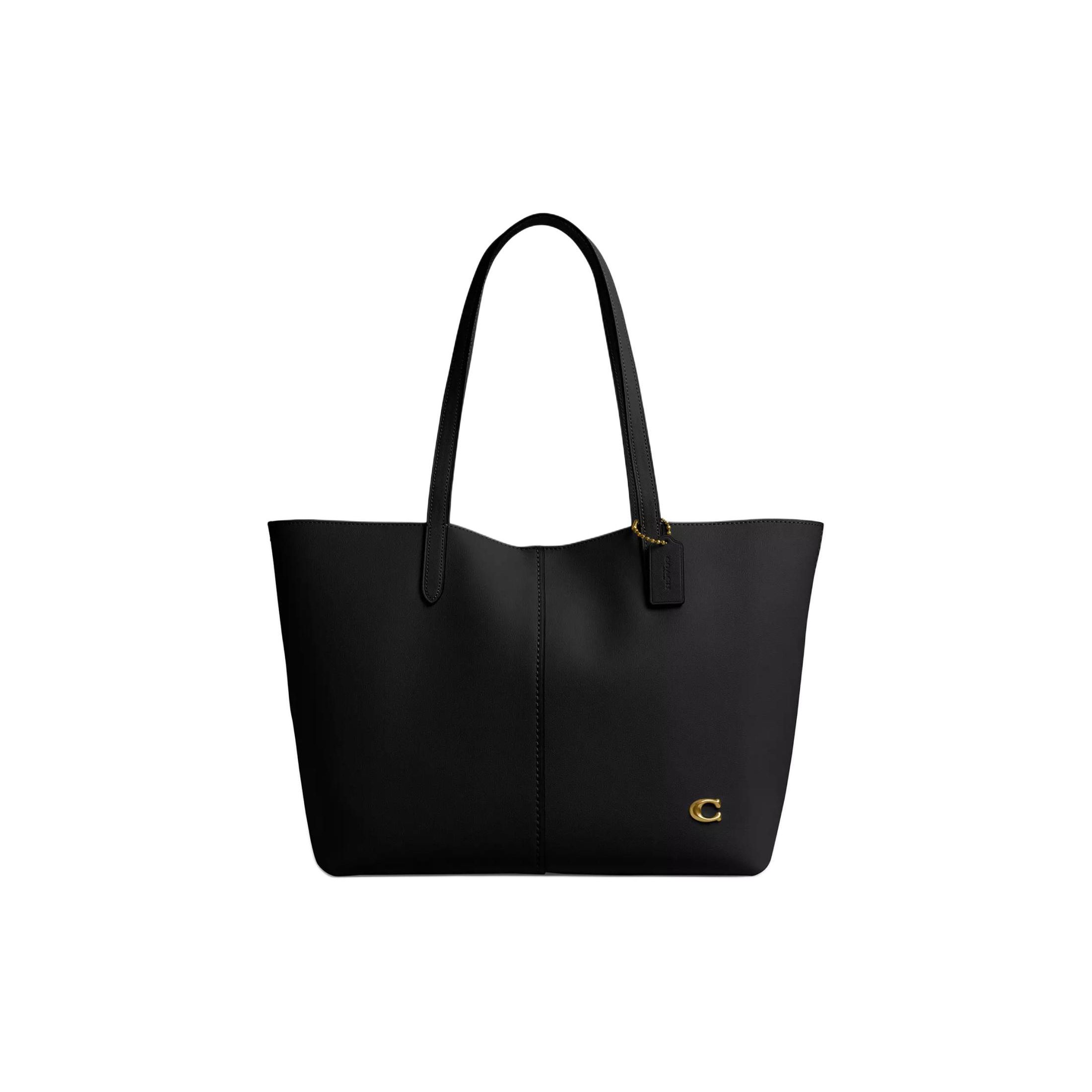 Coach Women's Black North 32 Metal Logo Pebbled Leather Tote Bag Tote Brass Cr664-B4bk