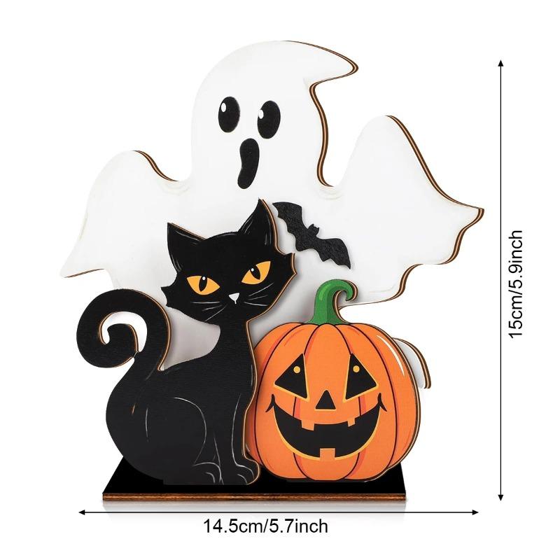 Halloween wooden decorations: ghost statues, black cats, and pumpkins, used for home party decoration