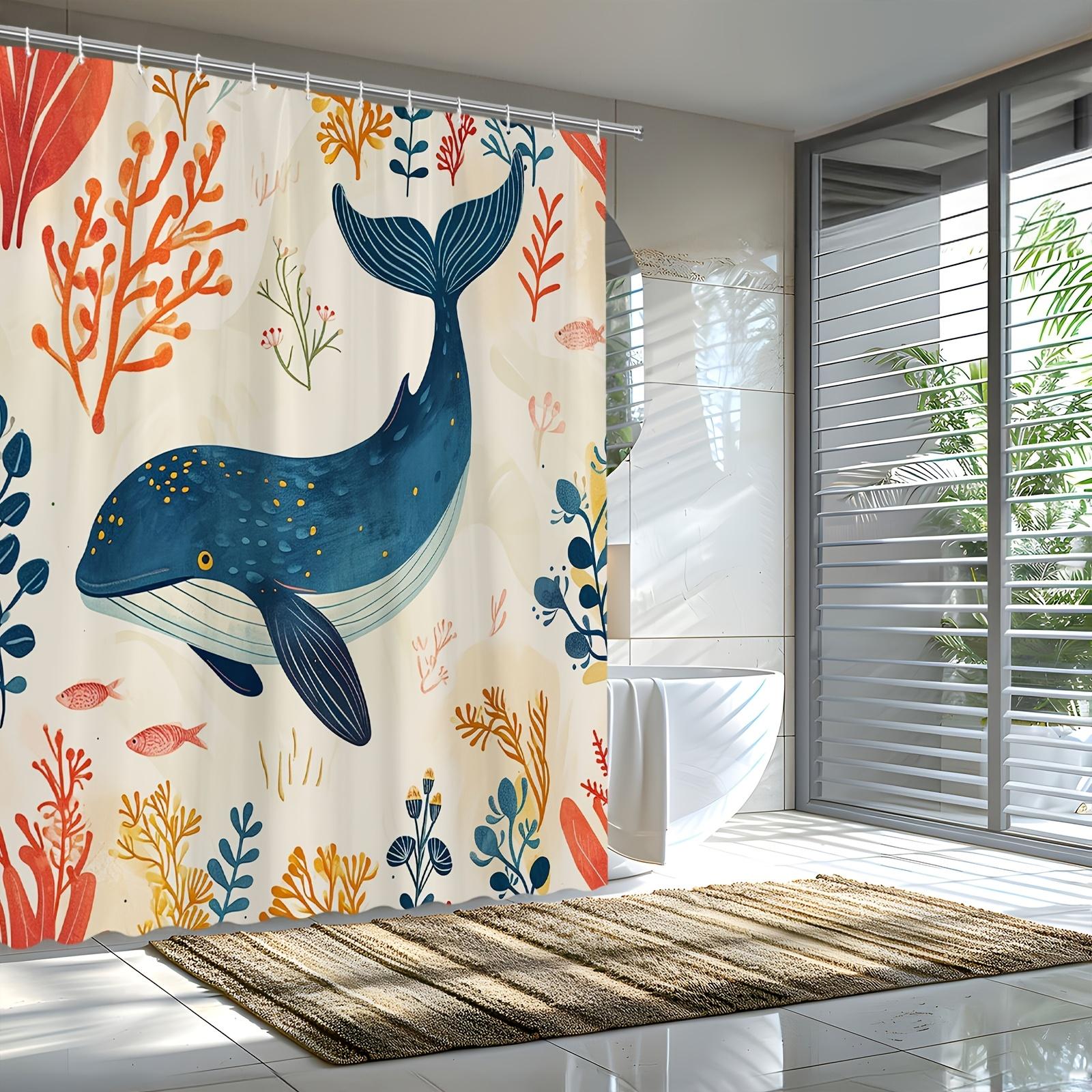 

Занавеска для душа «Кит под водой» – Морской пейзаж, Синий кит, Коралловые рыбки и Морские растения, Ручная отрисовка, Полиэстер W90xH180cm