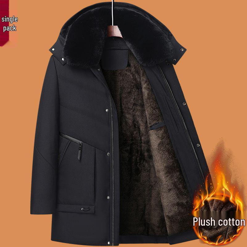 Dad's Winter Outfit: Velvet Thickened Cotton Jacket for Middle-Aged Men, Warm Mid-Length Padded Jacket for 50+