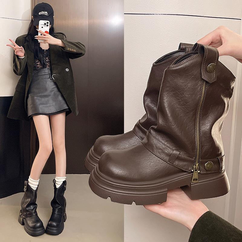 Niche design sense retro British style platform Martin boots women's 2025 autumn new thin trouser boots