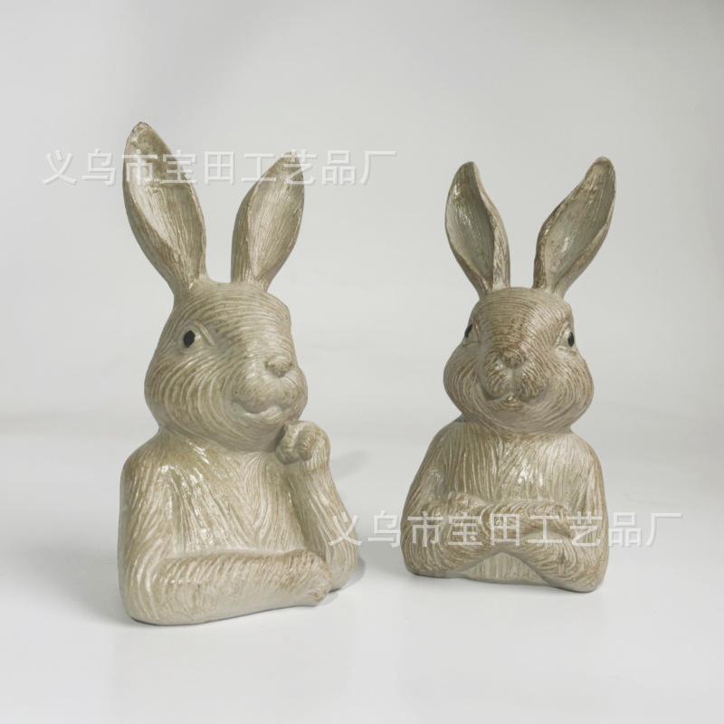 Pastoral resin rabbit 2-piece set, desktop decoration ornament, retro and old American country garden statue