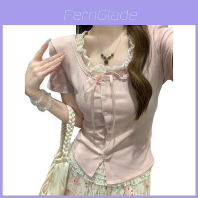 Plain Weave T Shirt With Lace Embroidery For Summer Casuals