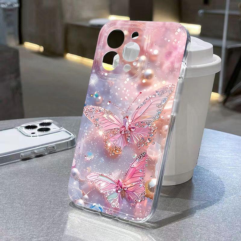 Phone Case For Xiaomi 13 12 11 Lite 5G 14 13 14T 13T 12T For Xiaomi 17 Pro Max Diamond Pearl Butterfly Pattern Transparent Cover
