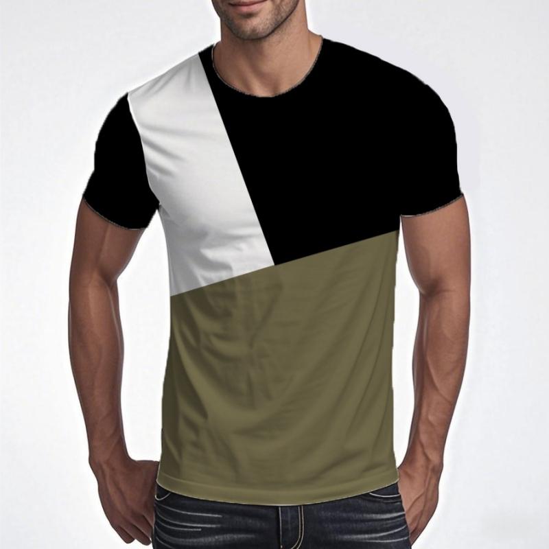 Retro contrasting splicing men's T-shirt, simple and fashionable for daily wear in summer, 3D printed T-shirt, casual oversized T-shirt