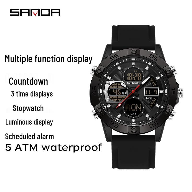 SANDA 3D Multifunction Sports Watch – 3 Time Zones, Waterproof, Student Wristwatch