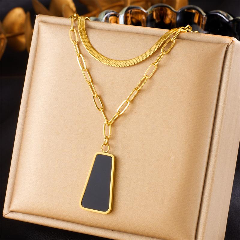 Gold Black Enamel Geometric Jewelry Set Necklace Hoop Earrings Ring